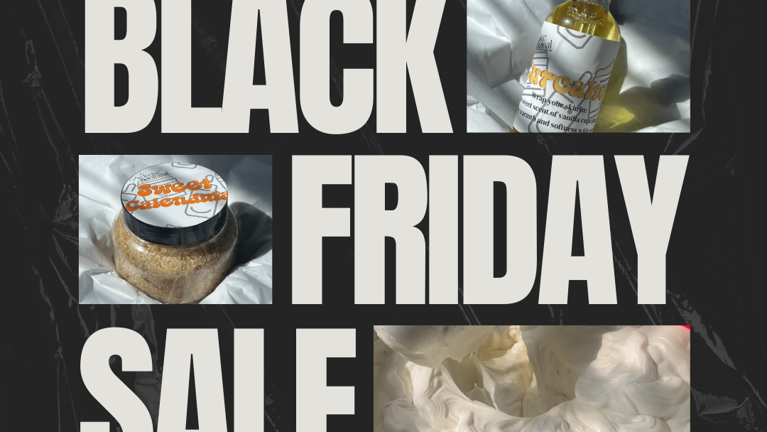Black Friday sale advertisement with product images and promotional text on a black background.
